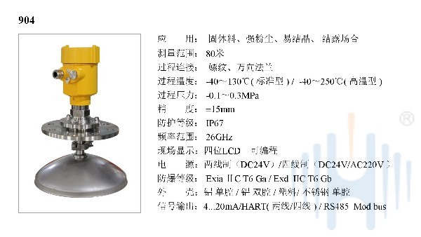 26GHz雷达物位计HBRD904选型说明书